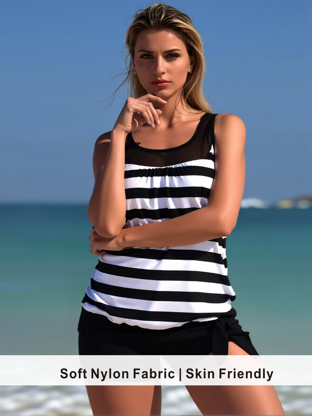 Nautical Stripe Tankini with Sheer Mesh Yoke & Knot Shorts