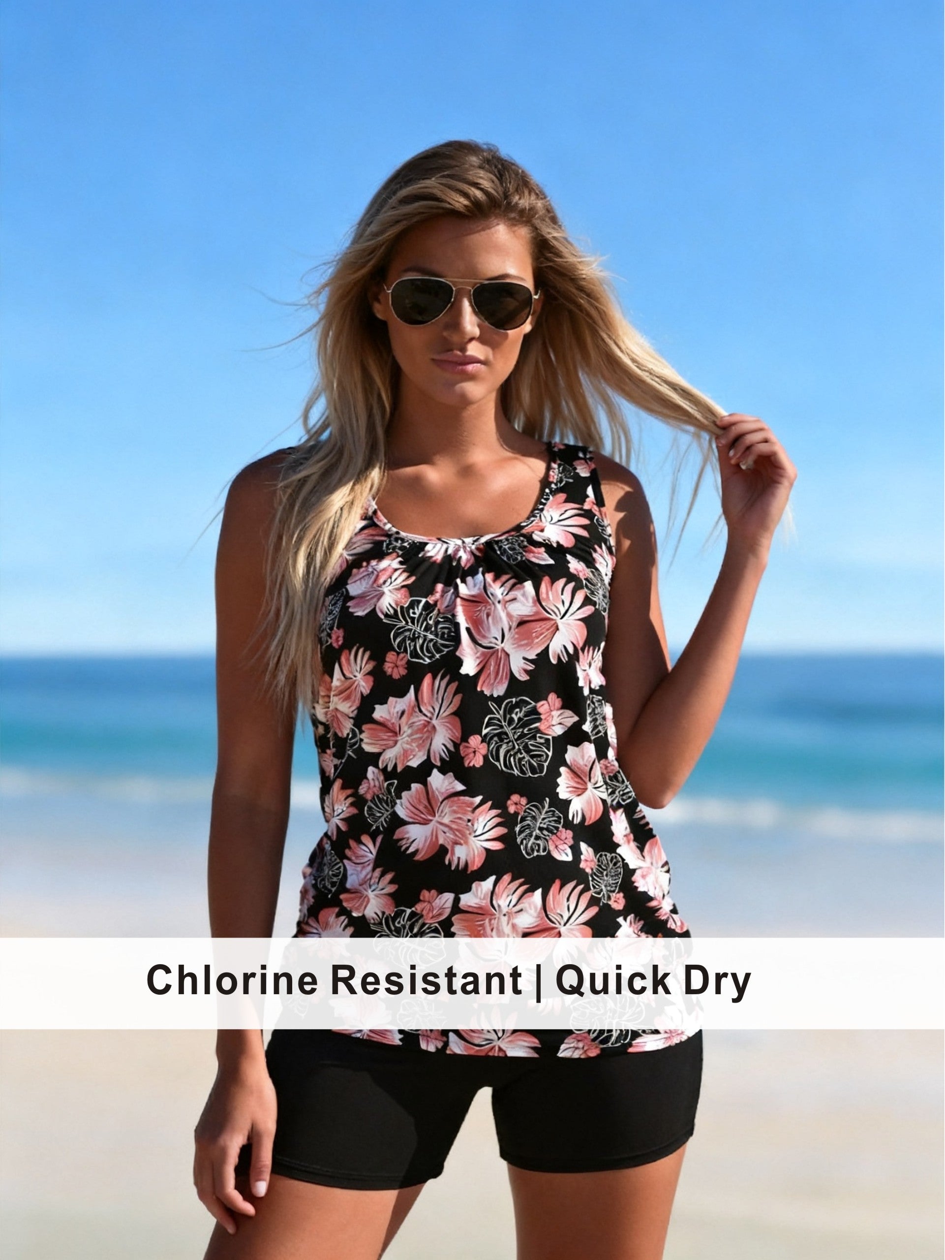 Vacation Ready Hibiscus Tankini with Modest Swim Shorts