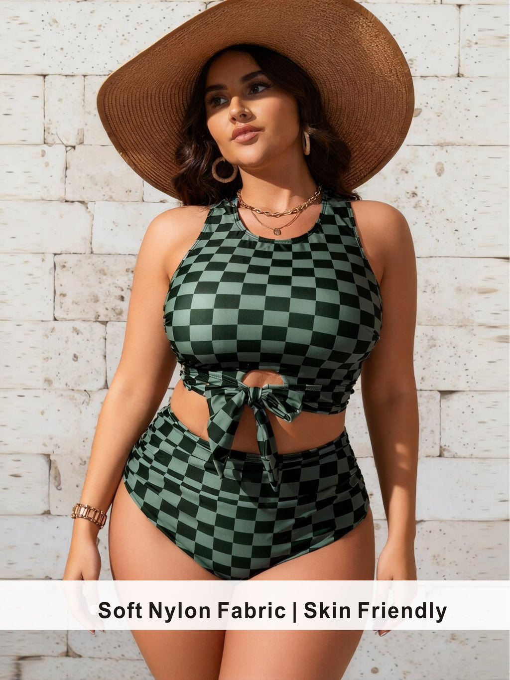 Plus Size Green Checkered Tankini with Waist Tie & Cutout