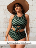 Plus Size Green Checkered Tankini with Waist Tie & Cutout