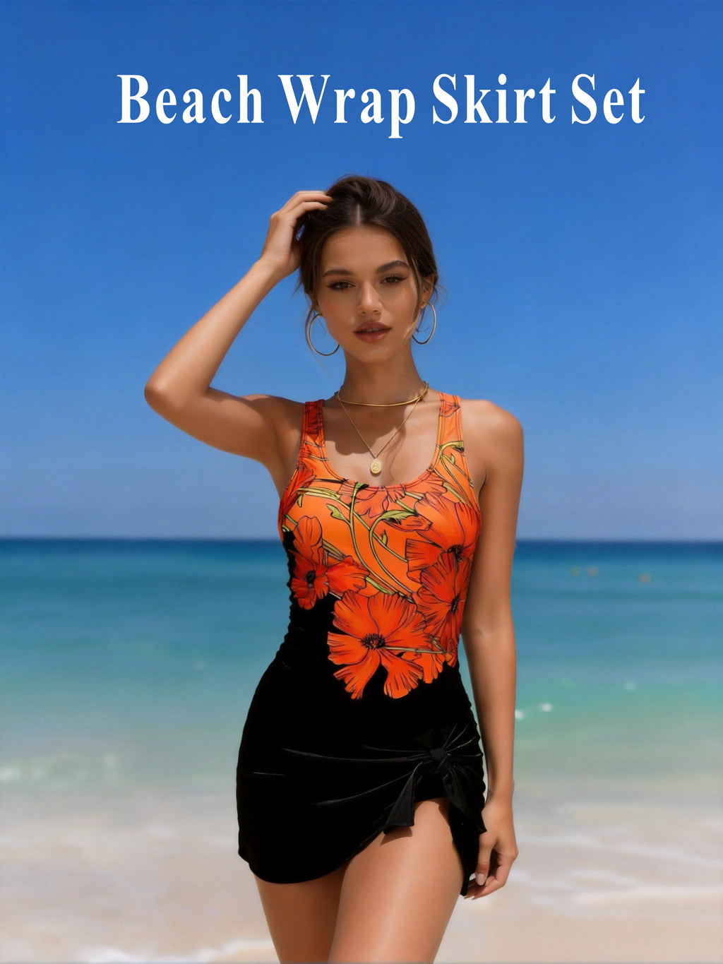 JingJing Orange Floral One-Piece Swimsuit with Matching Sarong