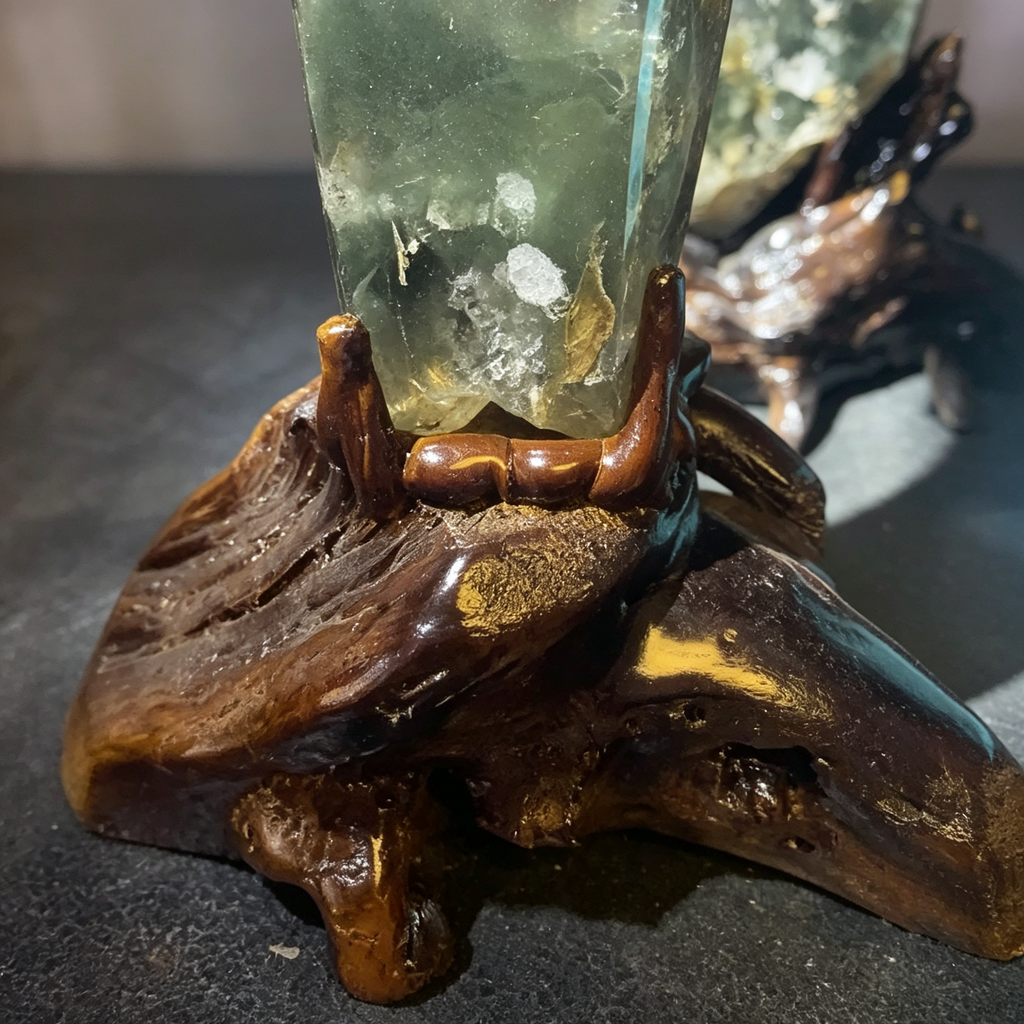 Natural Green Phantom Quartz Crystal Tower, Double Terminated Point with Hand Carved Wooden Base, Lodolite Garden Quartz Healing Crystal Wand for Home Decor Meditation Reiki Spiritual Gift