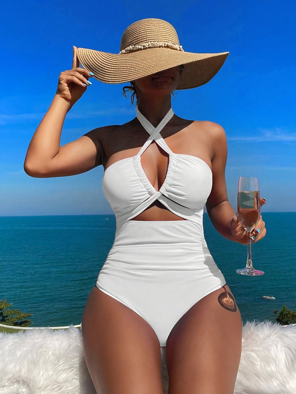 JingJing White Halter Cutout One-Piece Swimsuit