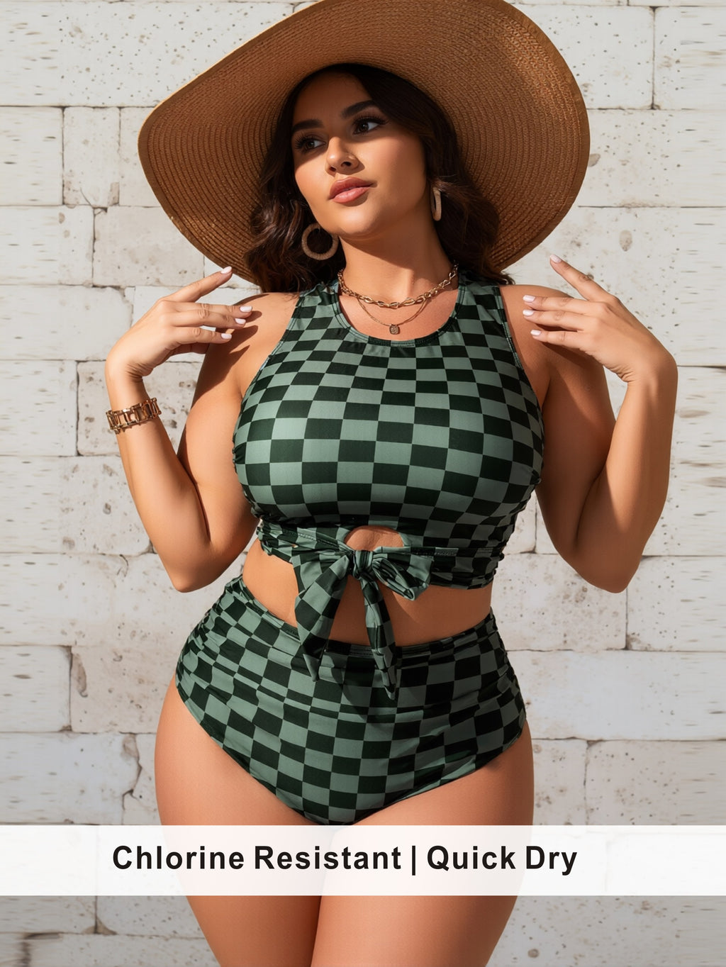 Plus Size Green Checkered Tankini with Waist Tie & Cutout