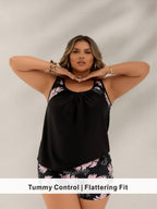 Curve-Friendly UPF50+ Tankini with Tropical Print Trim