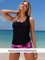 Black Layered Tankini with Pink Palm Print Lining & Shorts