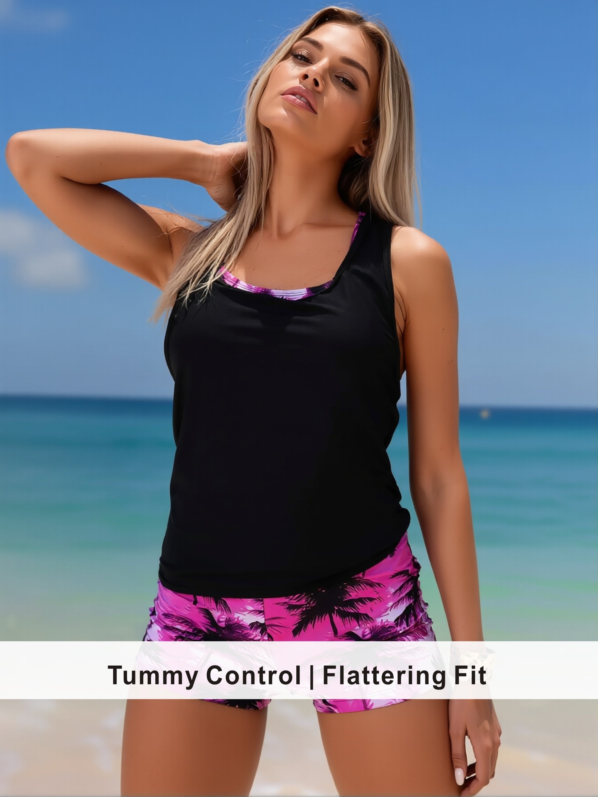 Black Layered Tankini with Pink Palm Print Lining & Shorts