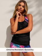 Sporty Tropical Print Tankini with Boyshort Bottoms