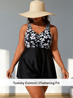 Plus Size Black & White Daisy Print Swim Dress with Drawstring