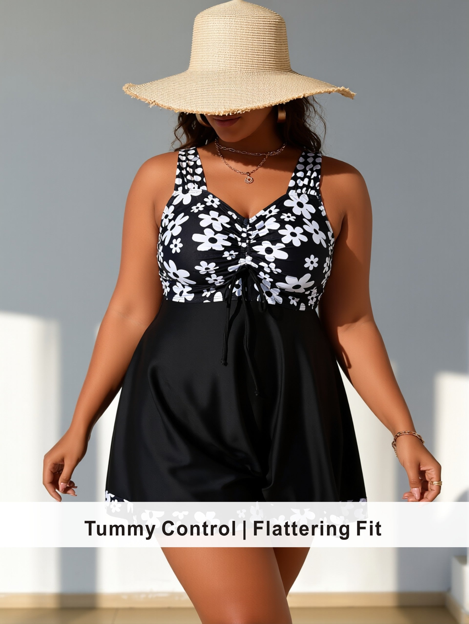 Plus Size Black & White Daisy Print Swim Dress with Drawstring