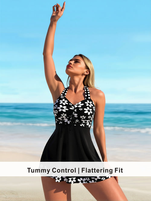 Cinched-Waist Daisy Print Swim Dress with Skirt Hem