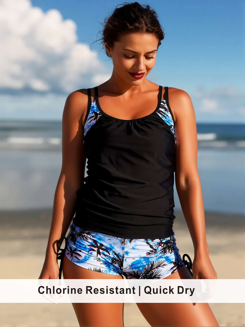 Blue Palm Print Accent Tankini with Side Tie Shorts