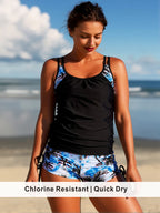 Blue Palm Print Accent Tankini with Side Tie Shorts