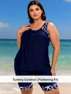 Plus Size Navy Starfish Print Tankini with Bike Shorts