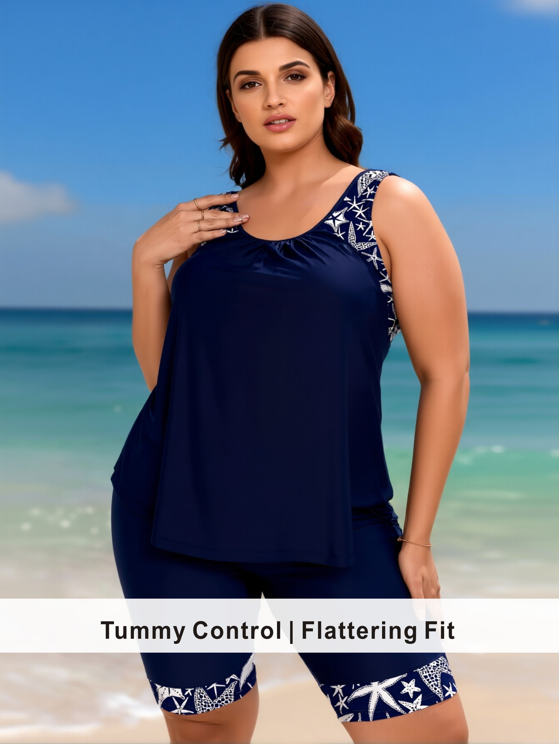 Plus Size Navy Starfish Print Tankini with Bike Shorts