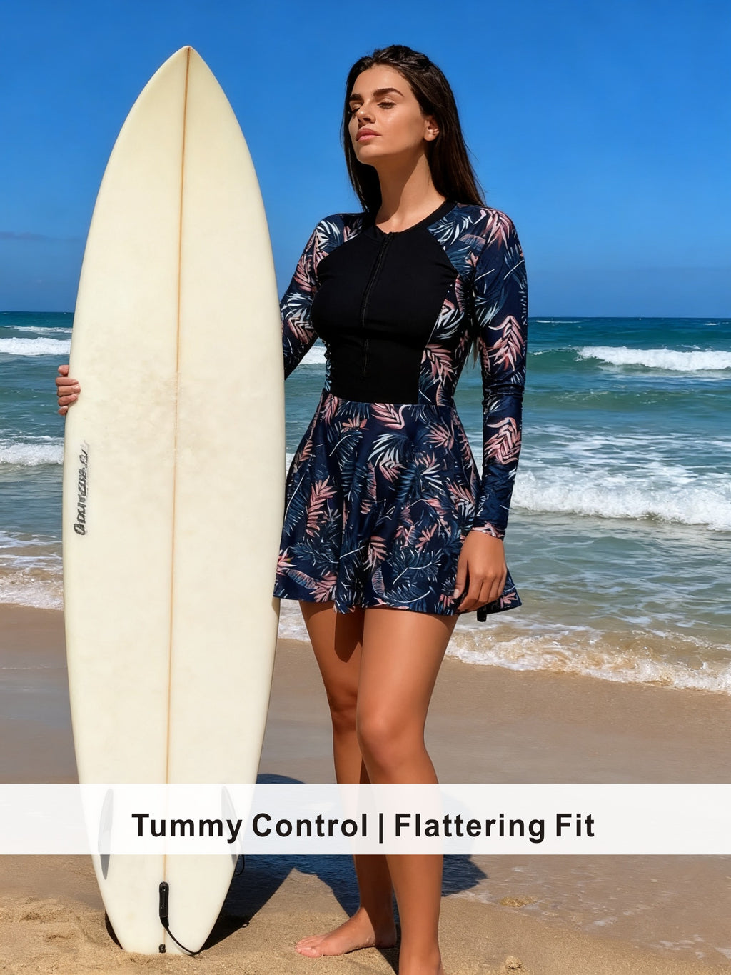 Modest Rash Guard Style Swim Dress with Floral Print Skirt