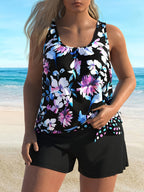 JingJing Black Floral Tankini with Modest Swim Skirt Shorts