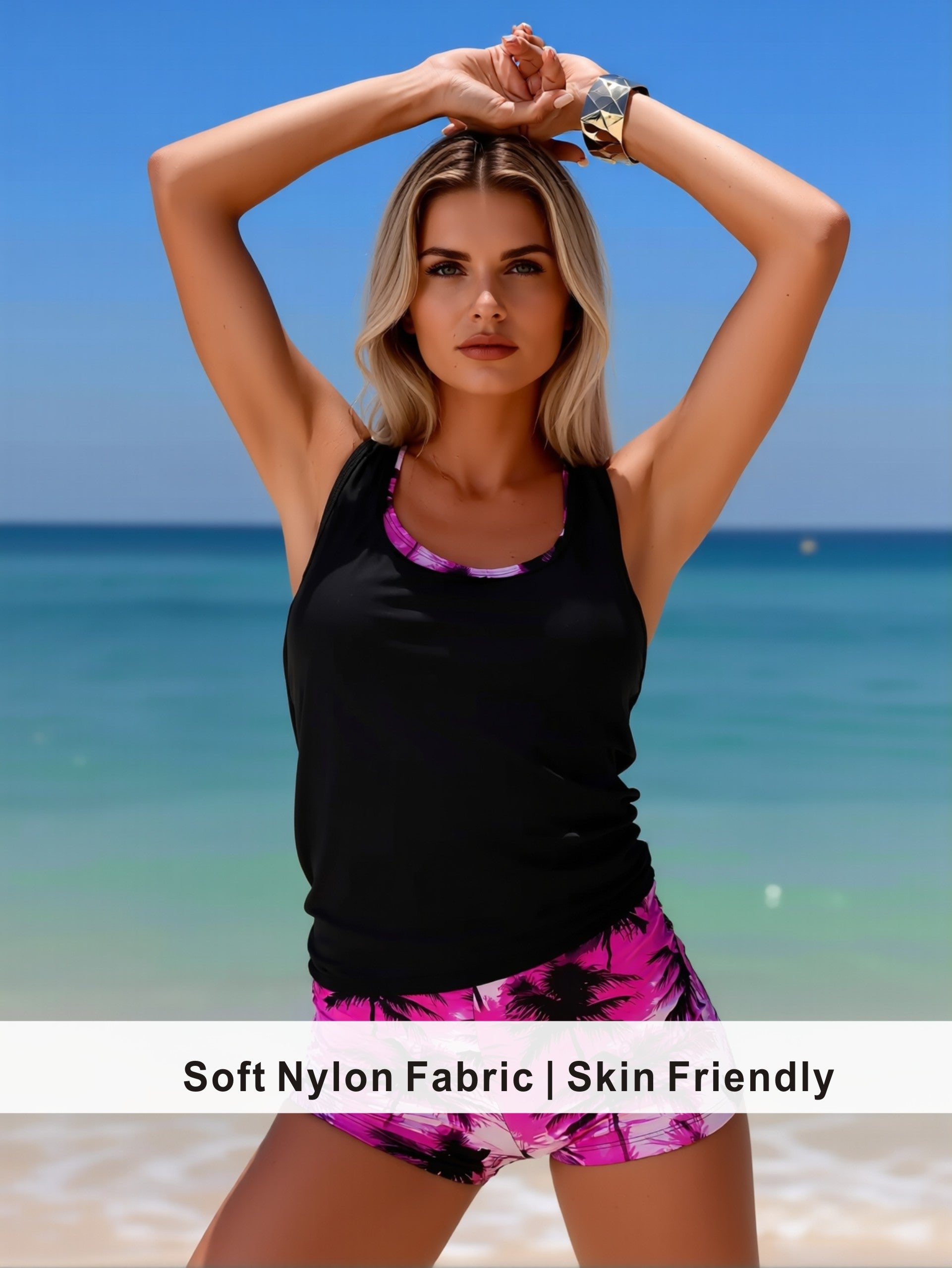 Black Layered Tankini with Pink Palm Print Lining & Shorts