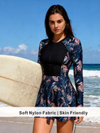 Modest Rash Guard Style Swim Dress with Floral Print Skirt