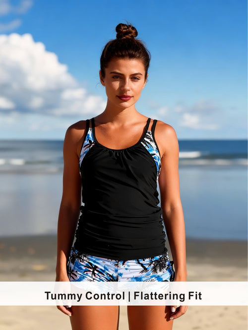 Blue Palm Print Accent Tankini with Side Tie Shorts
