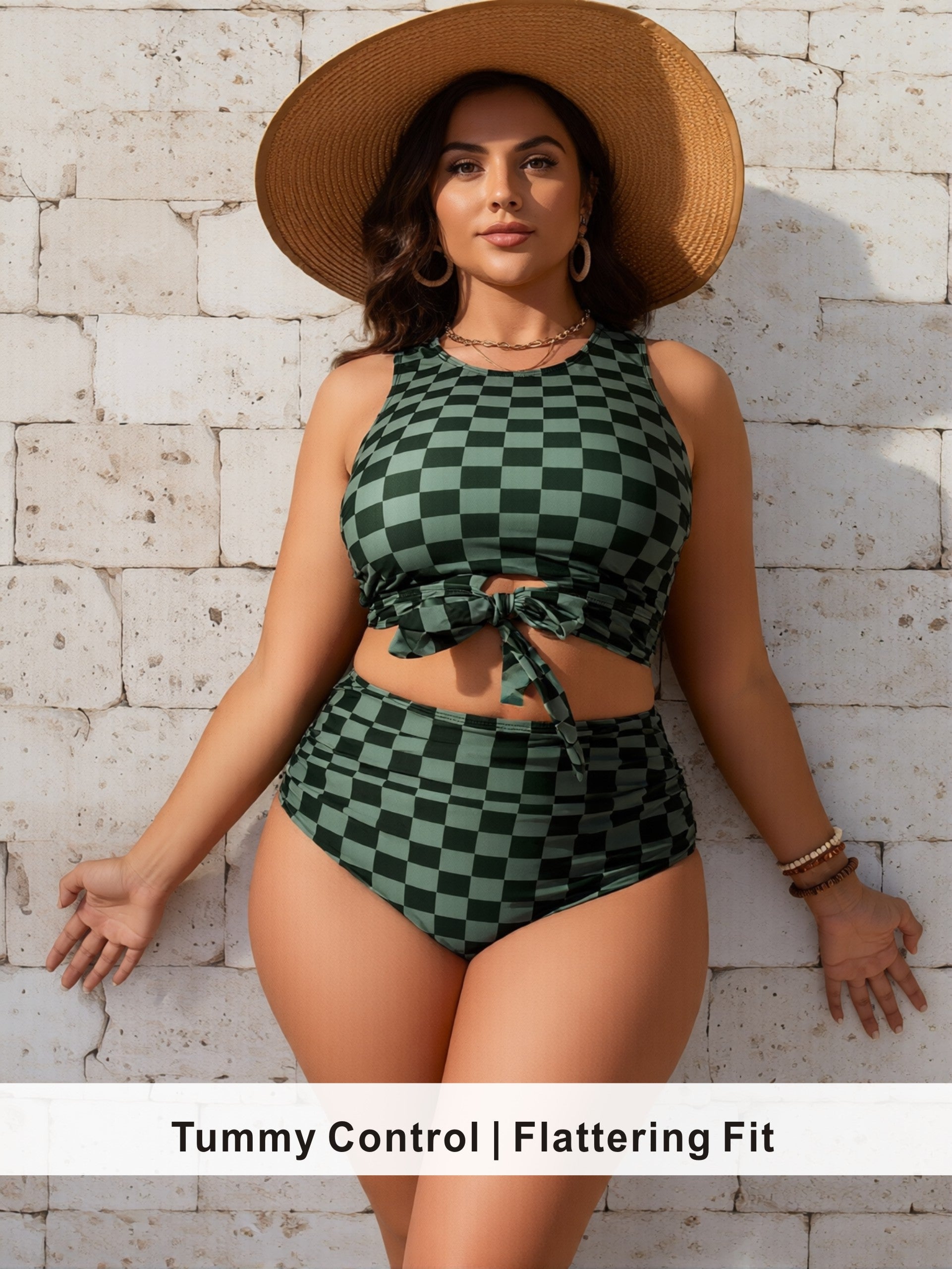 Plus Size Green Checkered Tankini with Waist Tie & Cutout