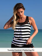 Nautical Stripe Tankini with Sheer Mesh Yoke & Knot Shorts