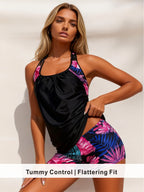 Sporty Tropical Print Tankini with Boyshort Bottoms