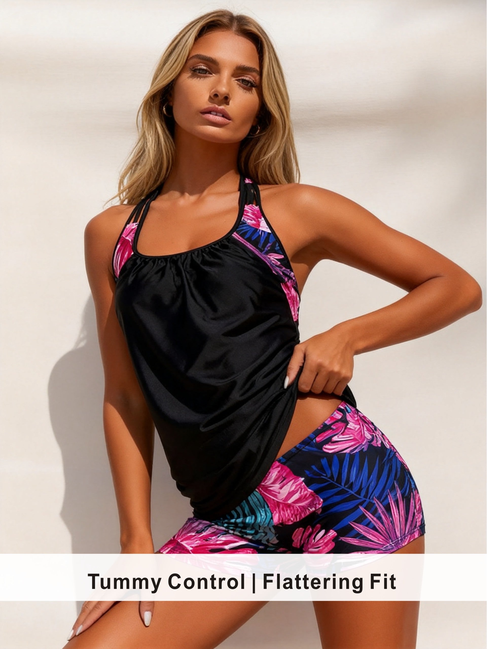 Sporty Tropical Print Tankini with Boyshort Bottoms