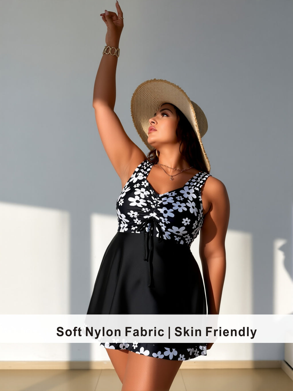 Plus Size Black & White Daisy Print Swim Dress with Drawstring
