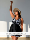 Plus Size Black & White Daisy Print Swim Dress with Drawstring