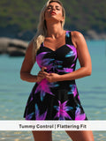 Black Swim Dress with Pink & Blue Gradient Palm Leaves