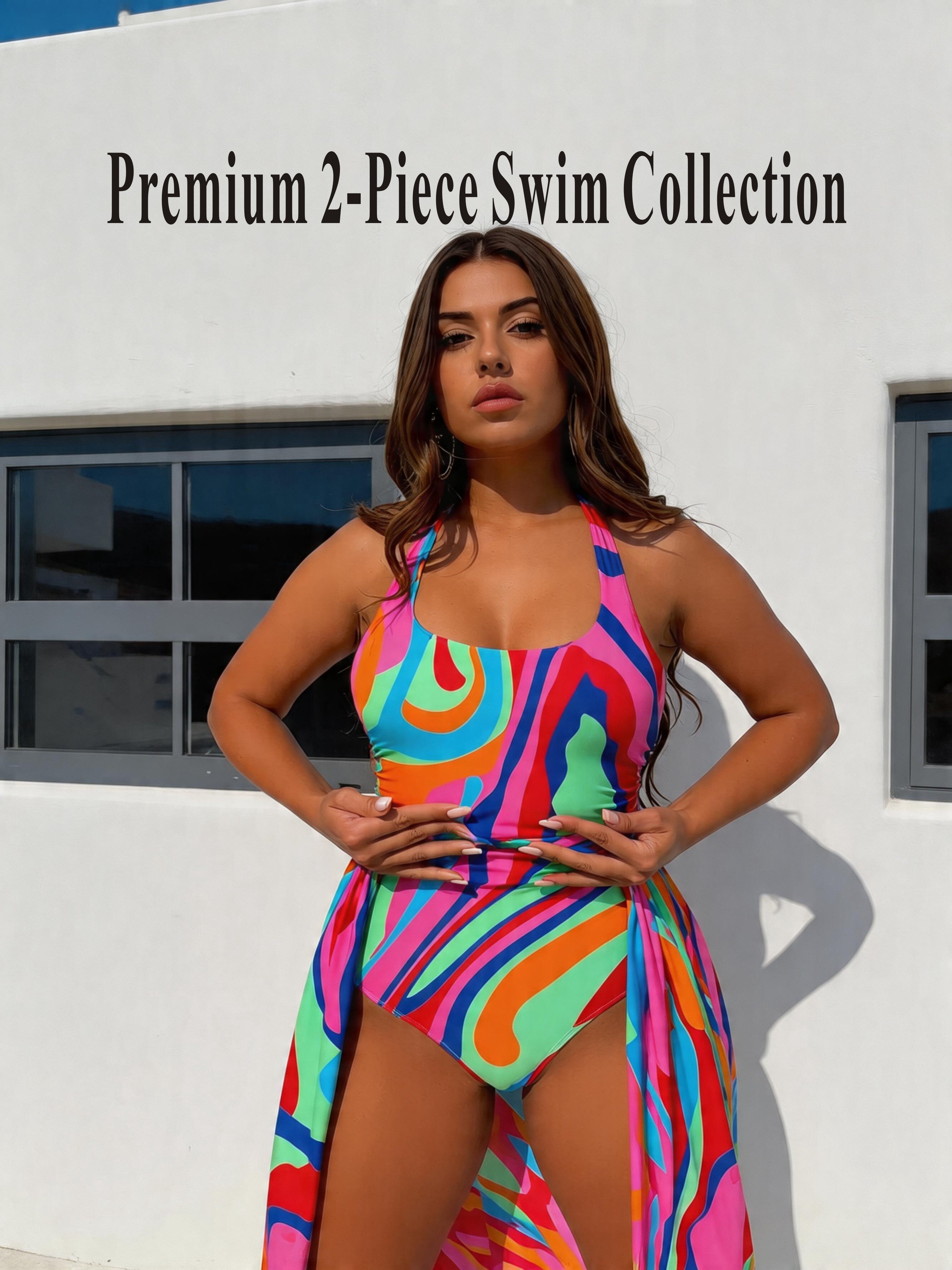 Colorful Abstract Swirl Halter Swimsuit with Matching Wrap Skirt