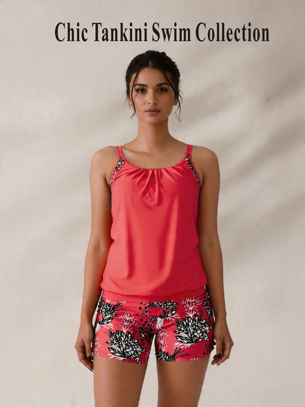 JingJing 2-Piece Tankini with Solid Red Top & Floral Swim Shorts