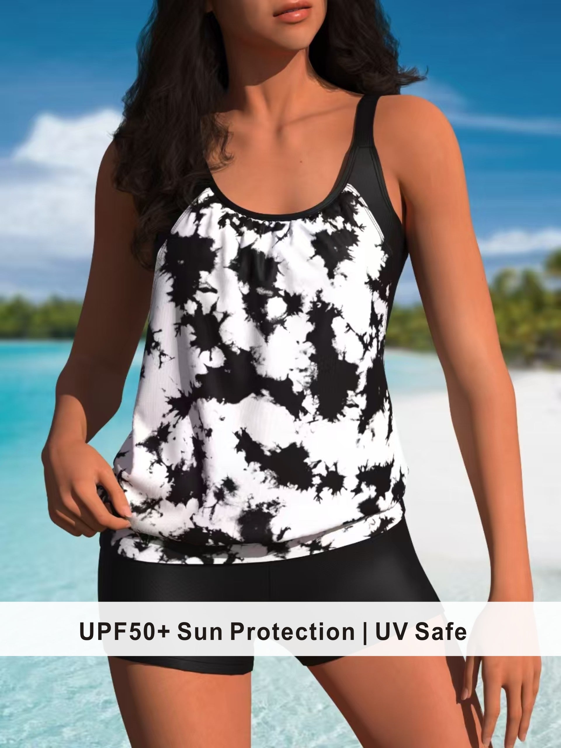 Black & White Tie-Dye Blouson Tankini with Bike Shorts
