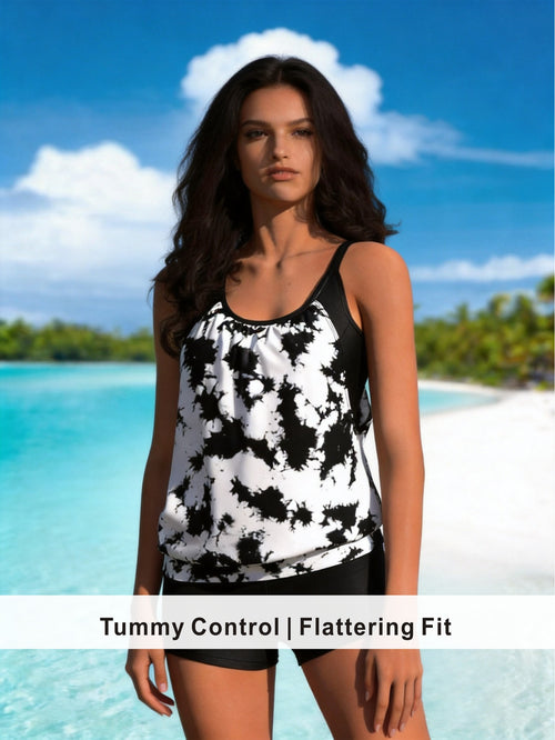 Black & White Tie-Dye Blouson Tankini with Bike Shorts