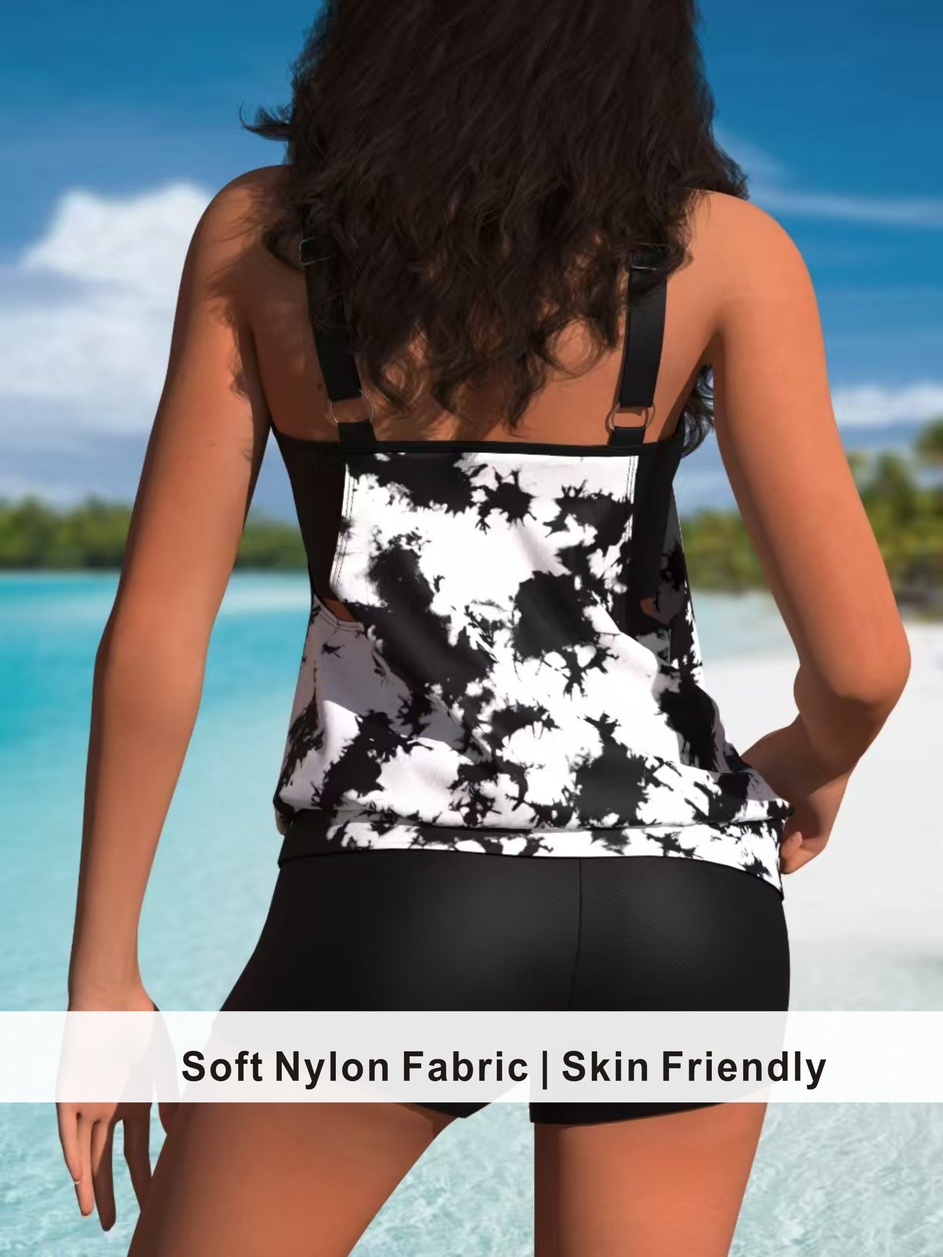 Black & White Tie-Dye Blouson Tankini with Bike Shorts