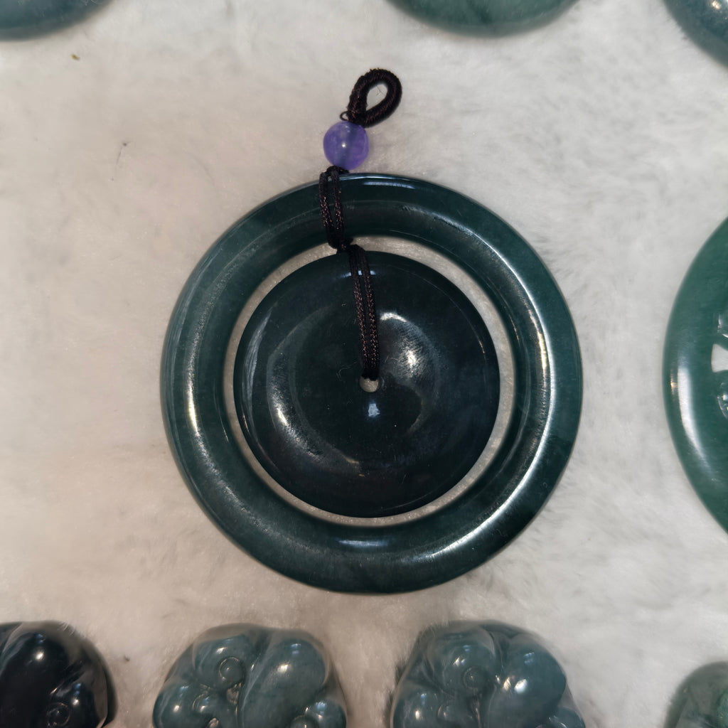 Natural Oil Green Jadeite Mother & Child Safety Buckle Pendant, Chinese Vintage Concentric Donut Jade Necklace Amulet for Men Women