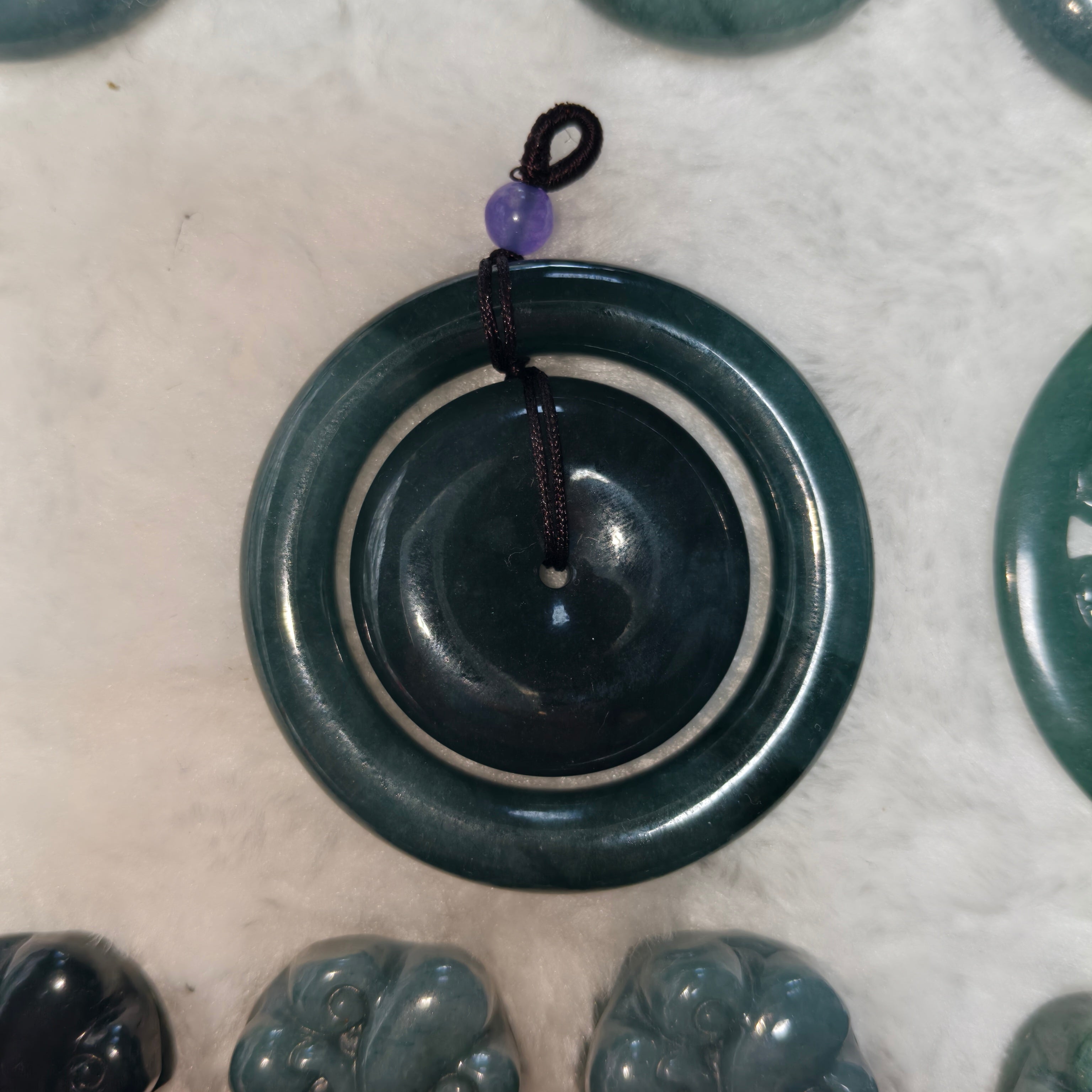 Natural Oil Green Jadeite Mother & Child Safety Buckle Pendant, Chinese Vintage Concentric Donut Jade Necklace Amulet for Men Women