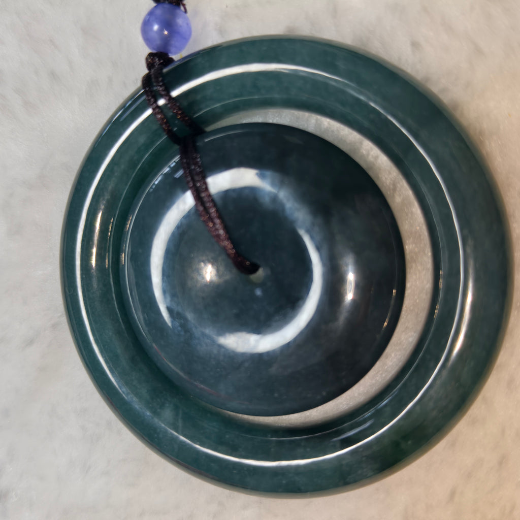 Natural Oil Green Jadeite Mother & Child Safety Buckle Pendant, Chinese Vintage Concentric Donut Jade Necklace Amulet for Men Women
