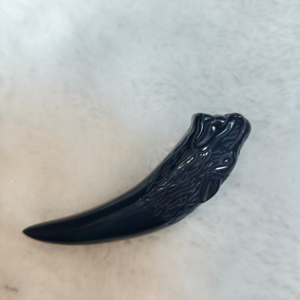 Natural Black Obsidian Carved Wolf Head Wolf Tooth Pendant, Protective Spirit Wolf Amulet Healing Crystal Necklace for Men