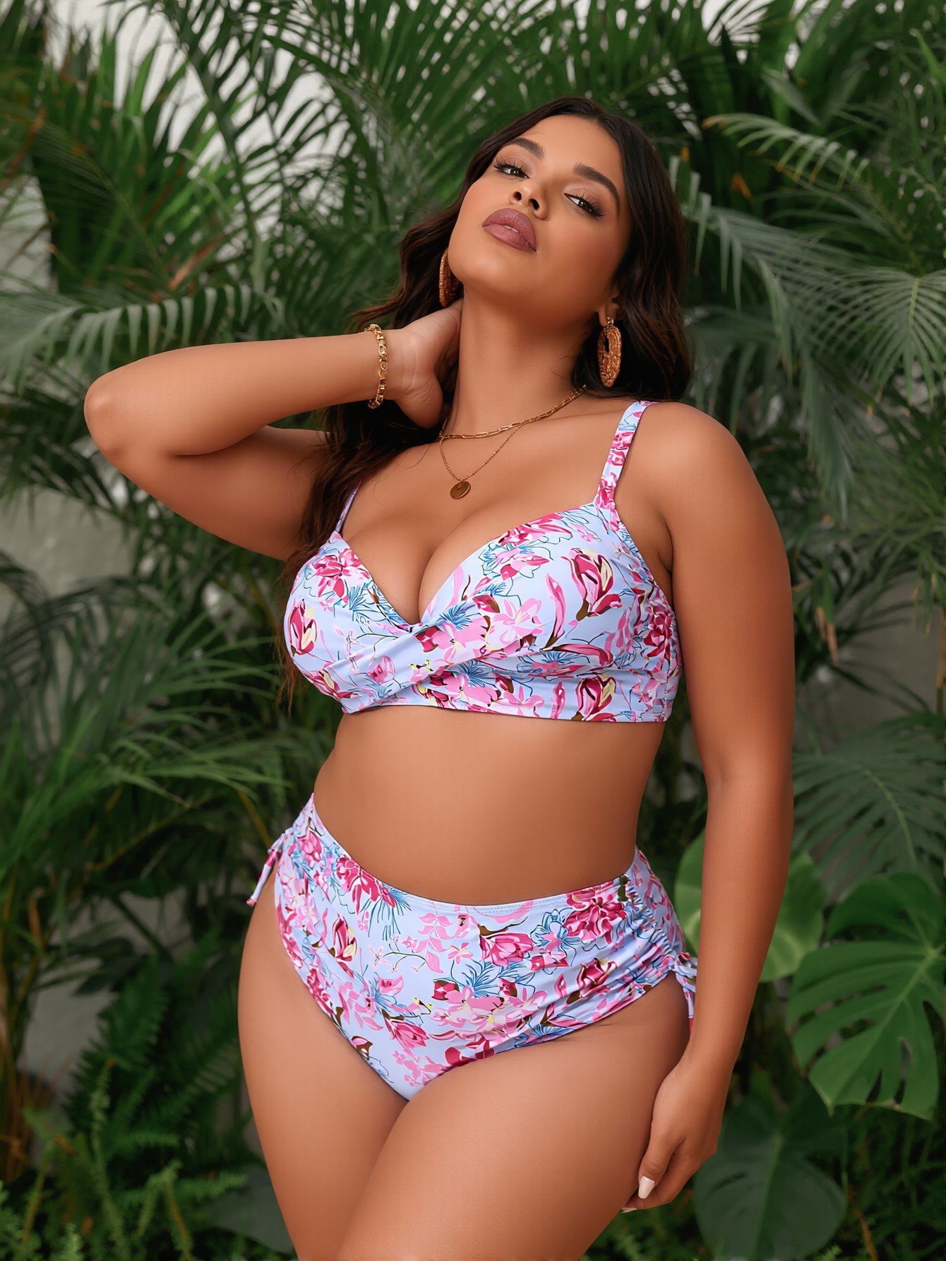 Soft Pink Floral Bikini with Adjustable Side Tie Bottom