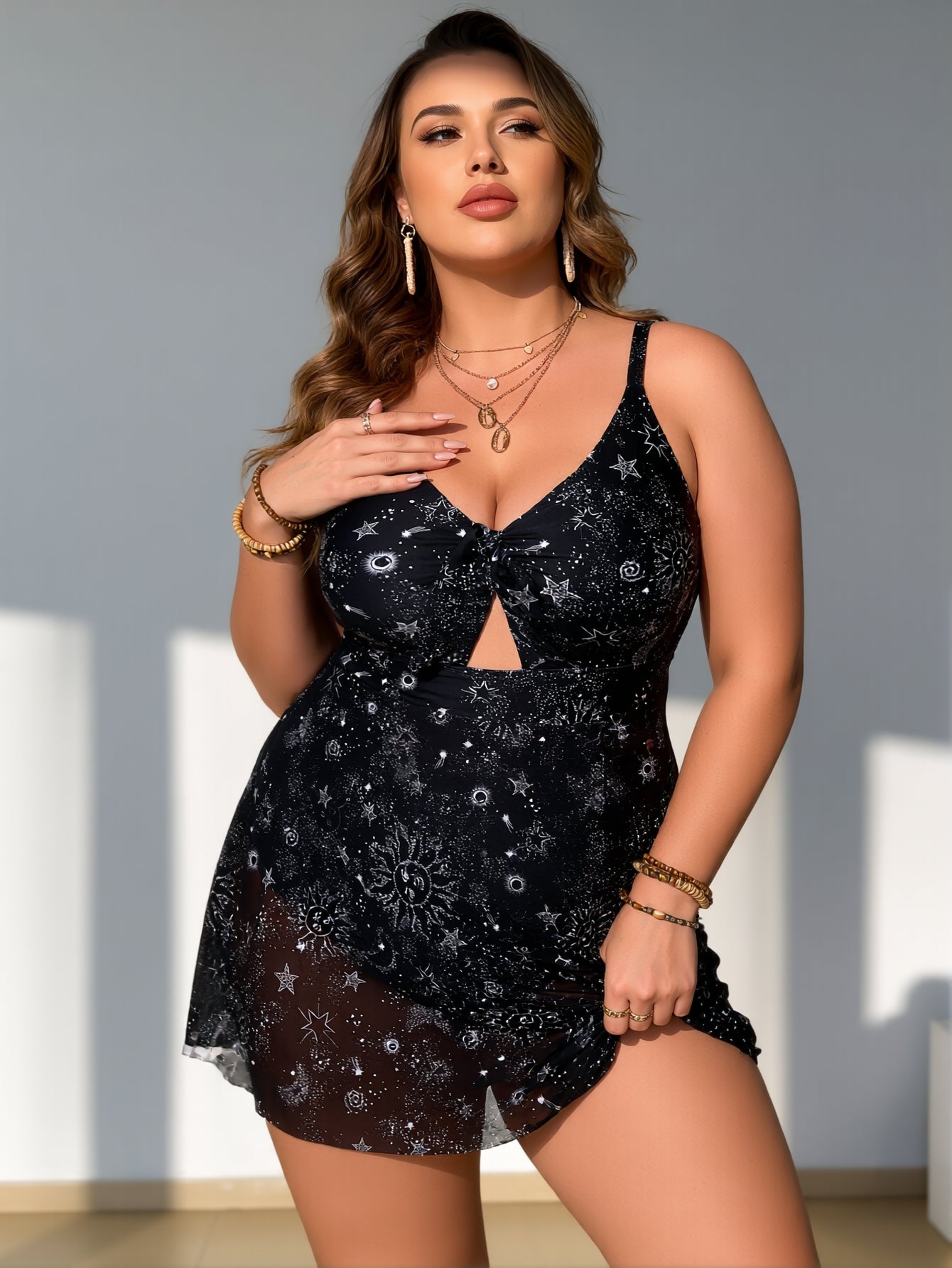 Black Star & Moon Swim Cover-Up Dress with V-Neck