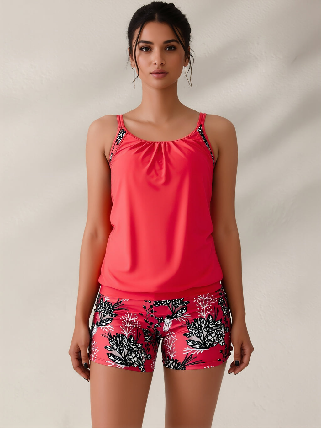 JingJing 2-Piece Tankini with Solid Red Top & Floral Swim Shorts