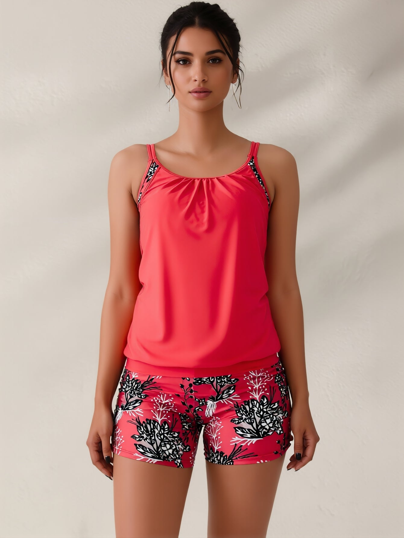 JingJing 2-Piece Tankini with Solid Red Top & Floral Swim Shorts