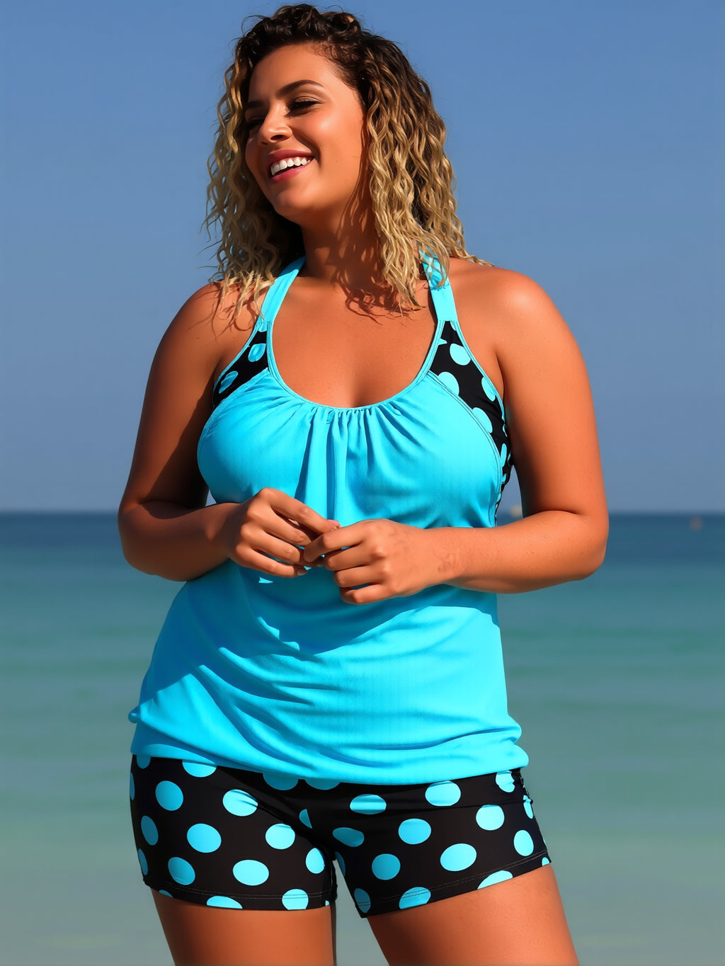 JingJing Turquoise Polka Dot Plus Size Tankini Set Tummy Control Swimwear