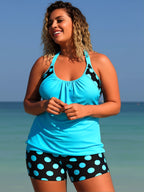 JingJing Turquoise Polka Dot Plus Size Tankini Set Tummy Control Swimwear