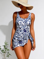 JingJing Blue Floral Print Swim Dress One-Piece Swimsuit