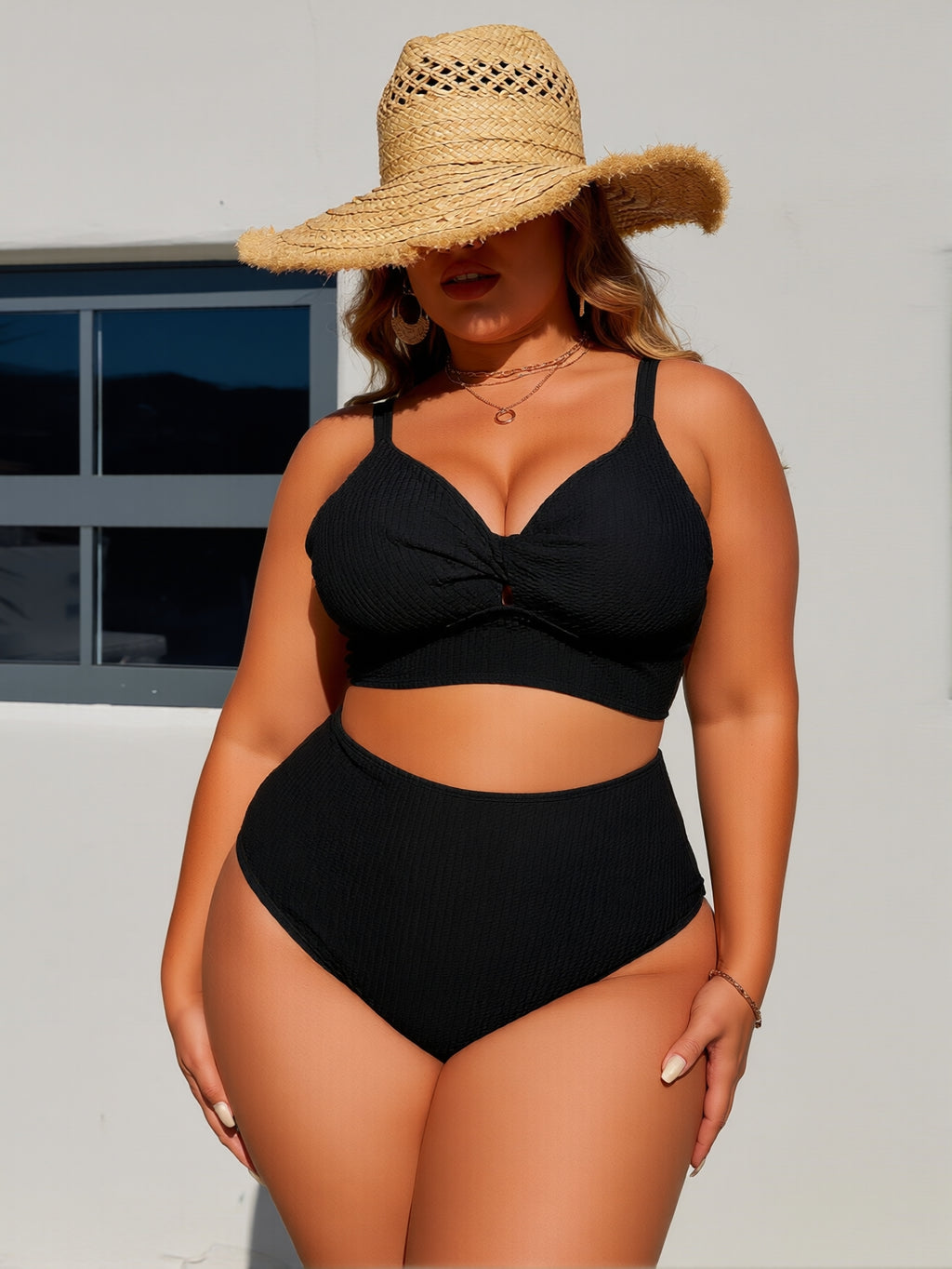 JingJing Black Textured Plus Size Bikini with Keyhole Detail
