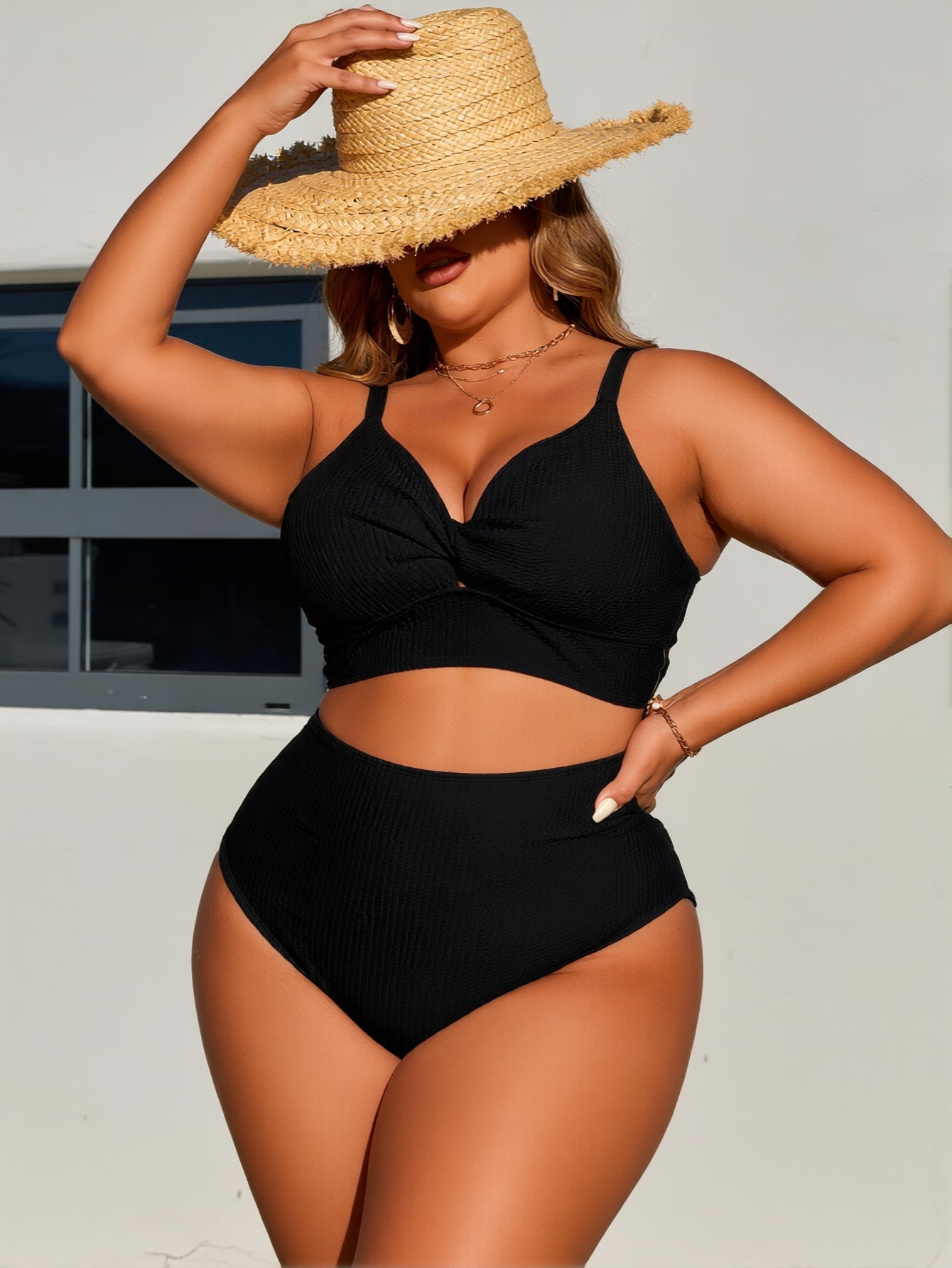 JingJing Black Textured Plus Size Bikini with Keyhole Detail
