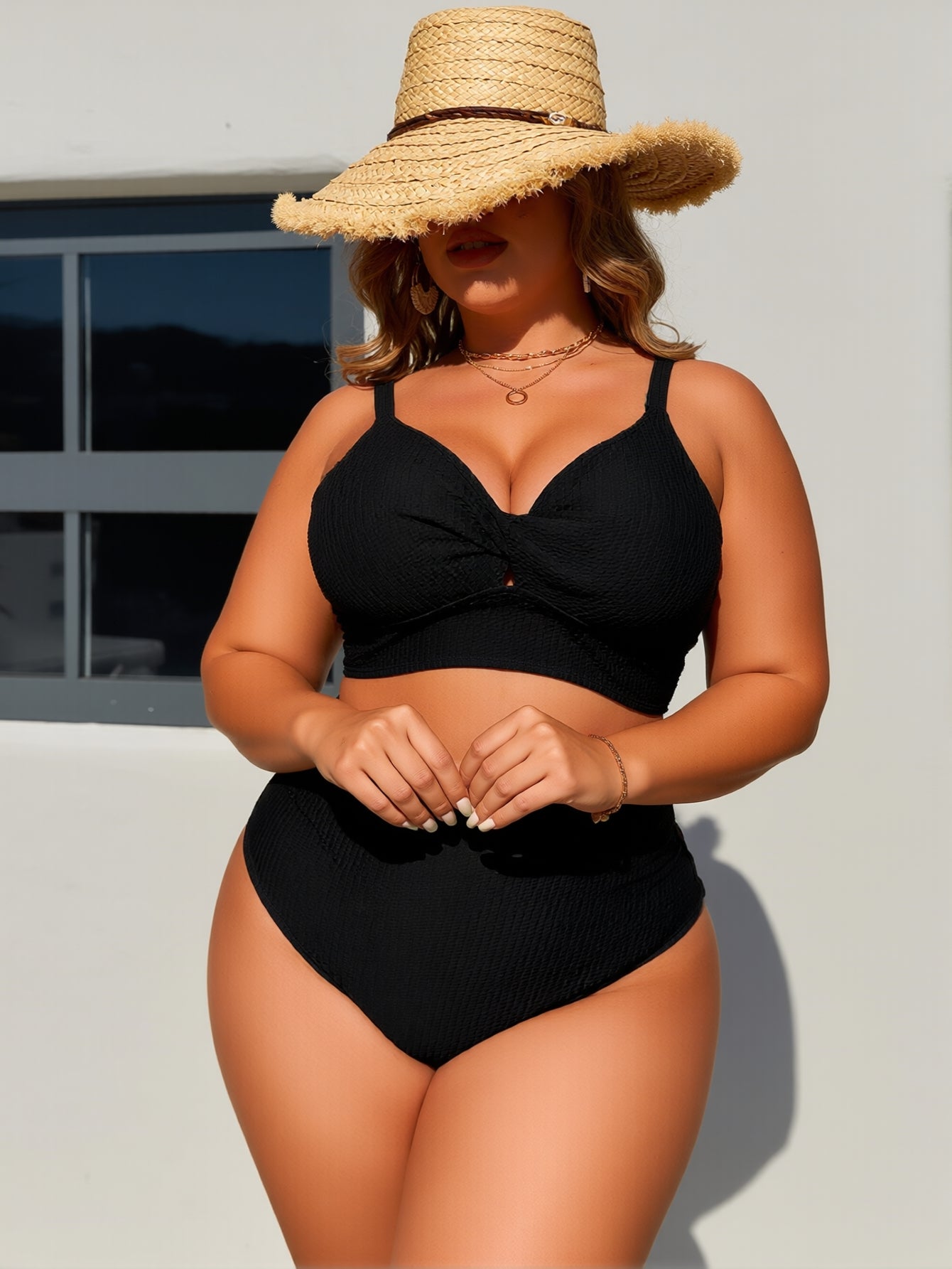 JingJing Black Textured Plus Size Bikini with Keyhole Detail